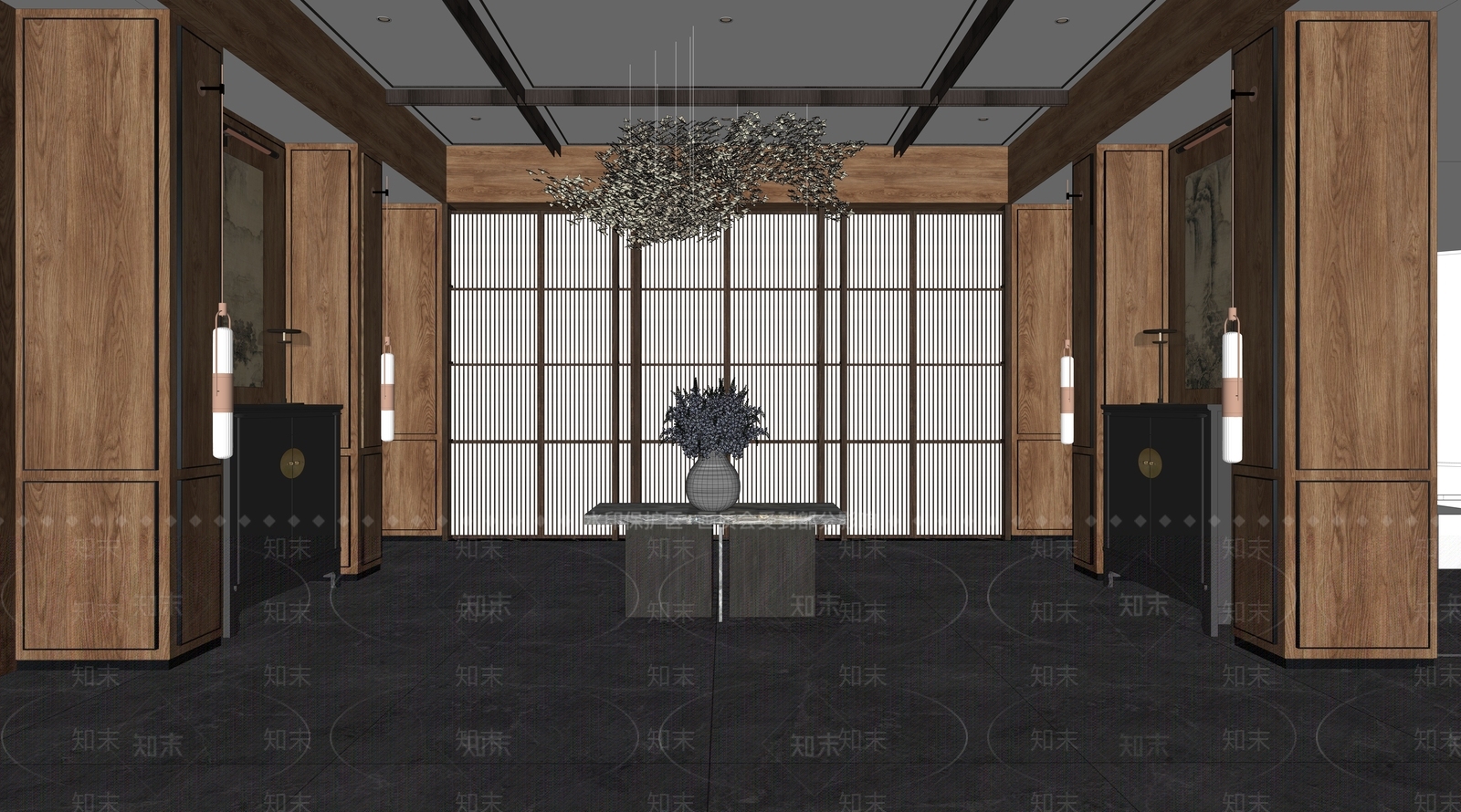 新中式酒店大堂SU模型下载【ID:1137926346】