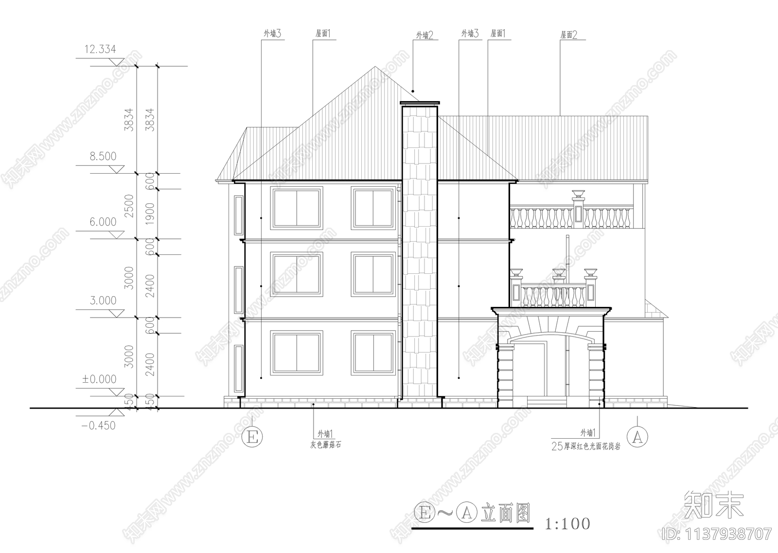 三层坡屋顶别墅建筑施工图下载【ID:1137938707】