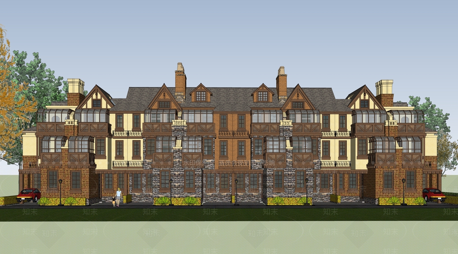 欧式坡屋顶联排别墅SU模型下载【ID:1137965865】