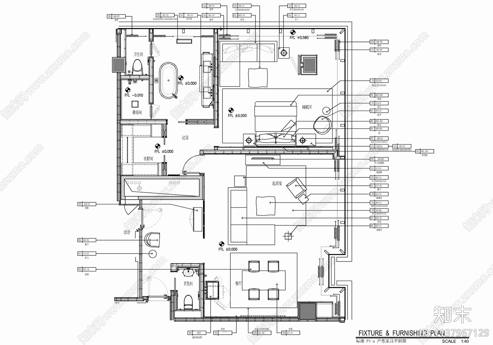 120㎡酒店豪华客房套房室内cad施工图下载【ID:1137967129】