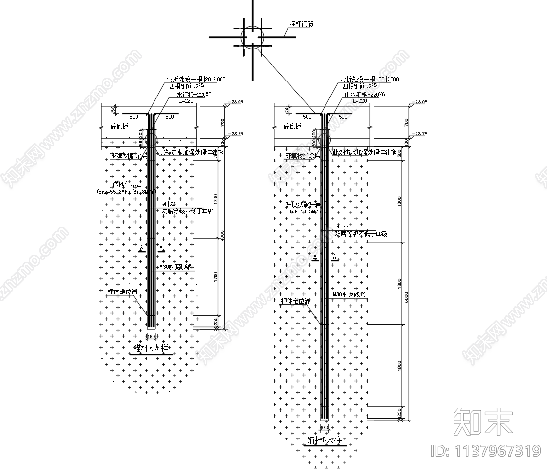 抗浮锚杆设计cad施工图下载【ID:1137967319】