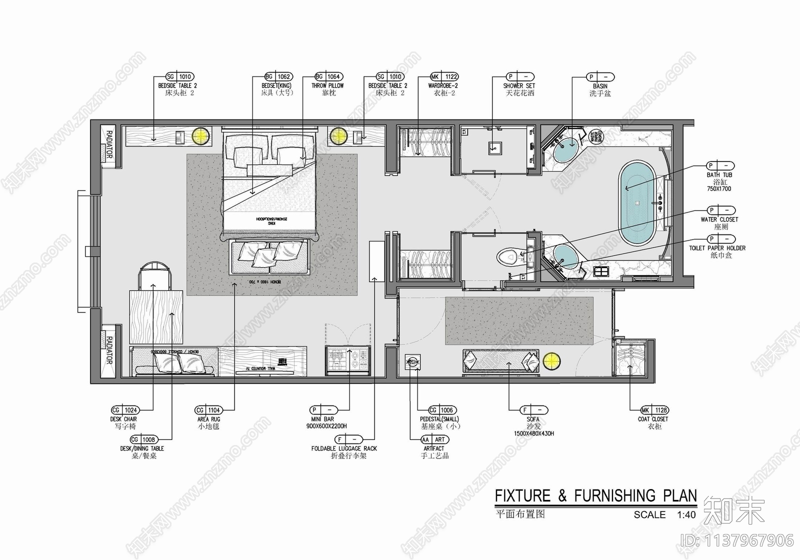 55㎡酒店标准大床房室内cad施工图下载【ID:1137967906】