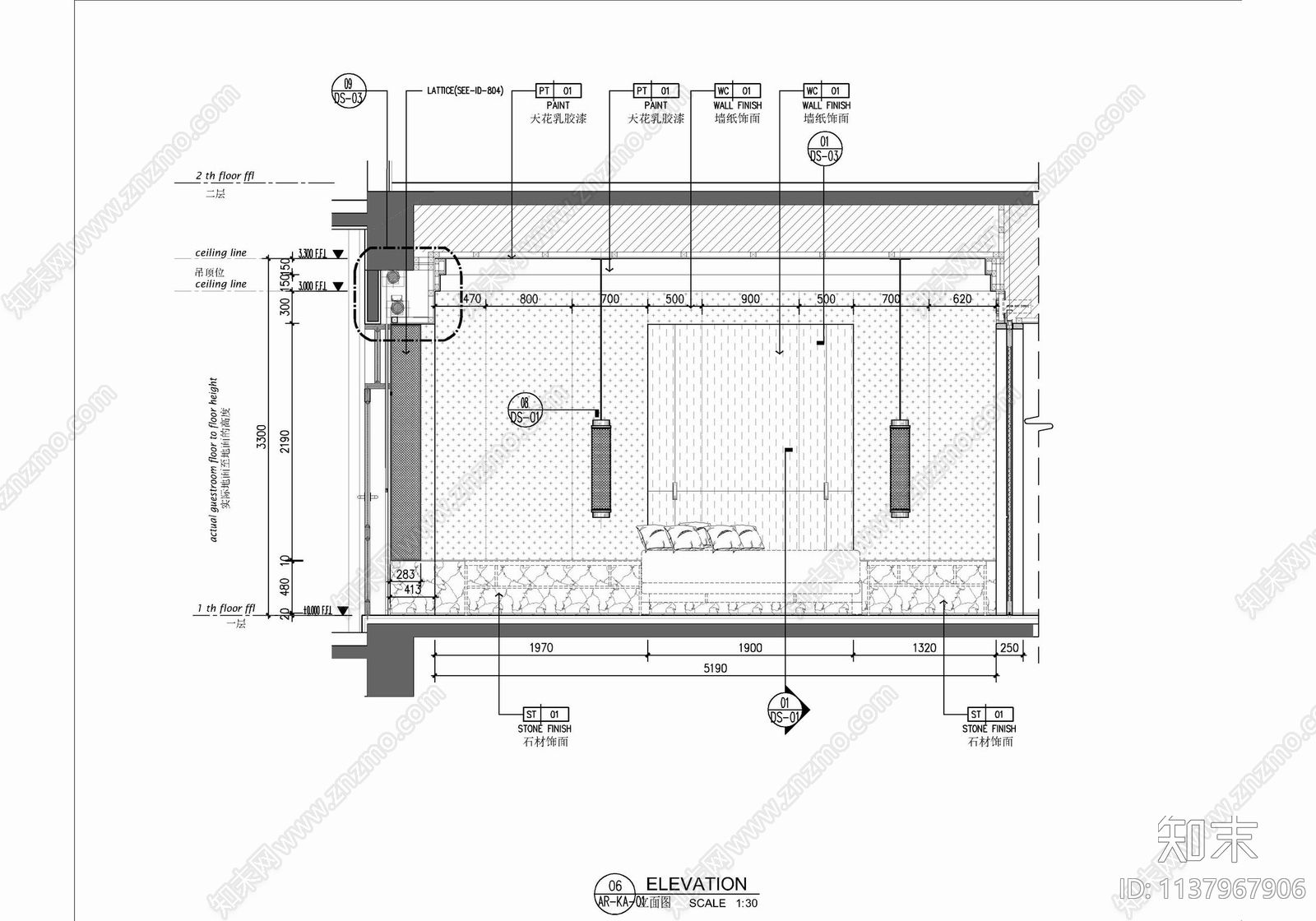 55㎡酒店标准大床房室内cad施工图下载【ID:1137967906】