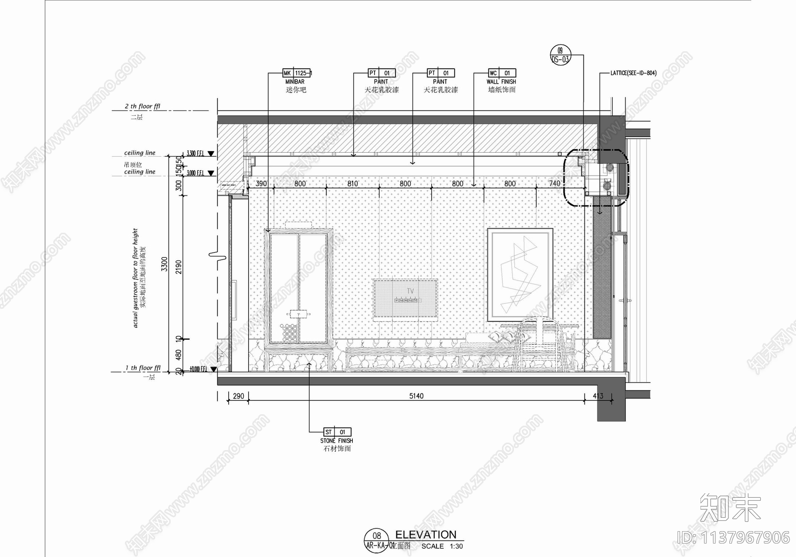 55㎡酒店标准大床房室内cad施工图下载【ID:1137967906】