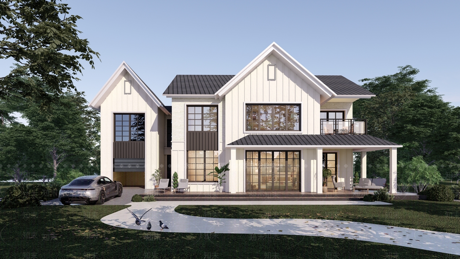 现代坡屋顶独栋别墅SU模型下载【ID:1137973287】