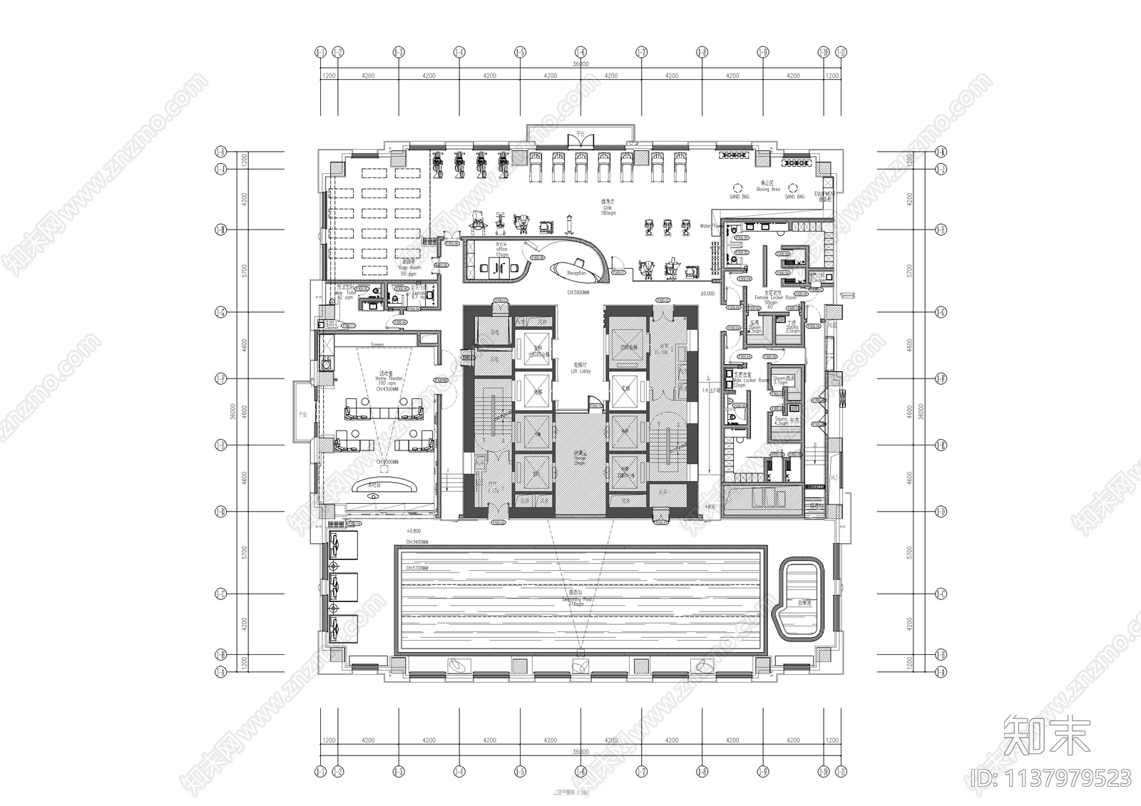 酒店健身房瑜伽室cad施工图下载【ID:1137979523】