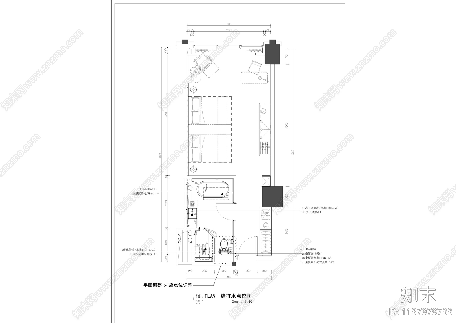 酒店客房双人房cad施工图下载【ID:1137979733】