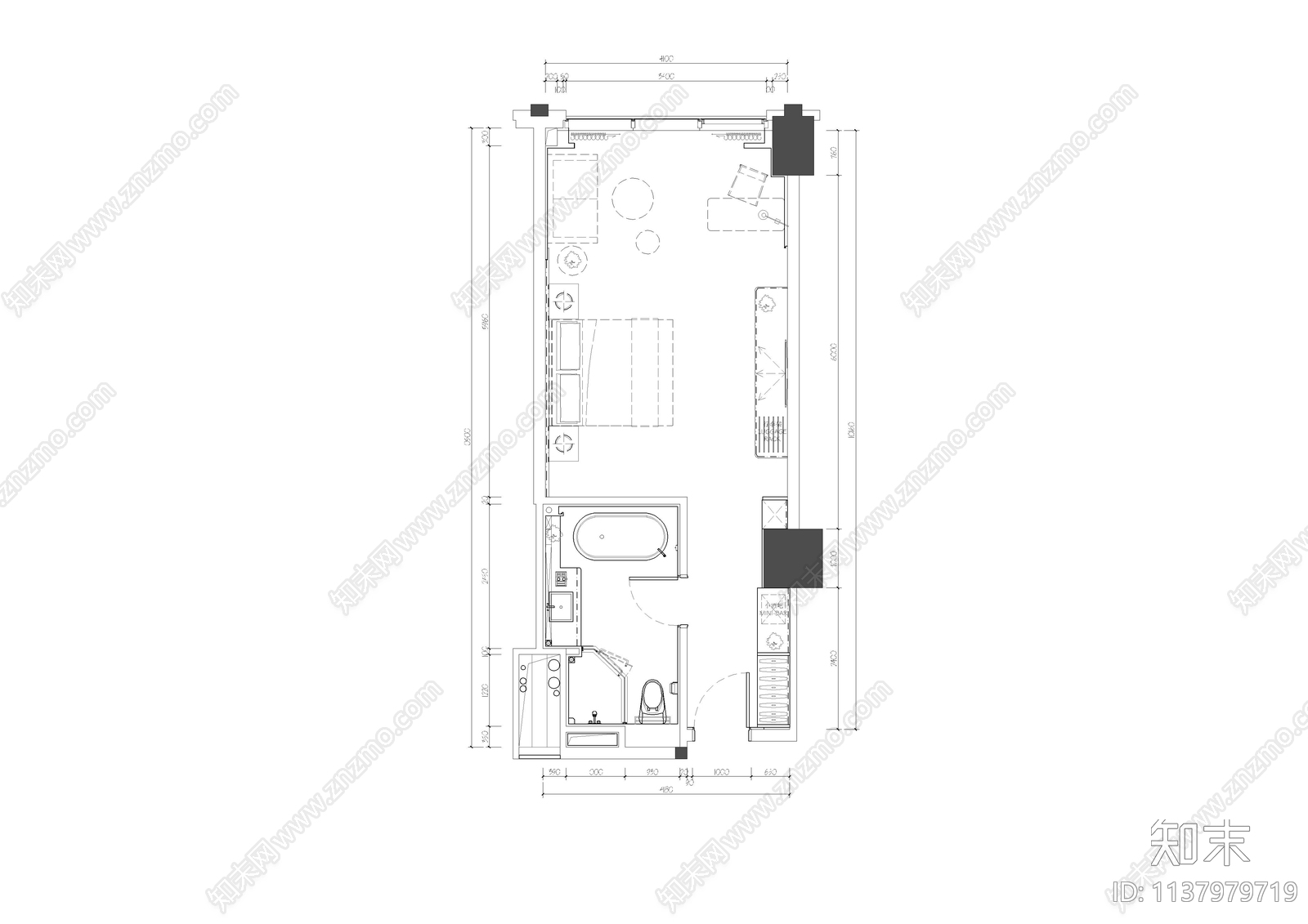 现代标准酒店单人房施工图下载【ID:1137979719】