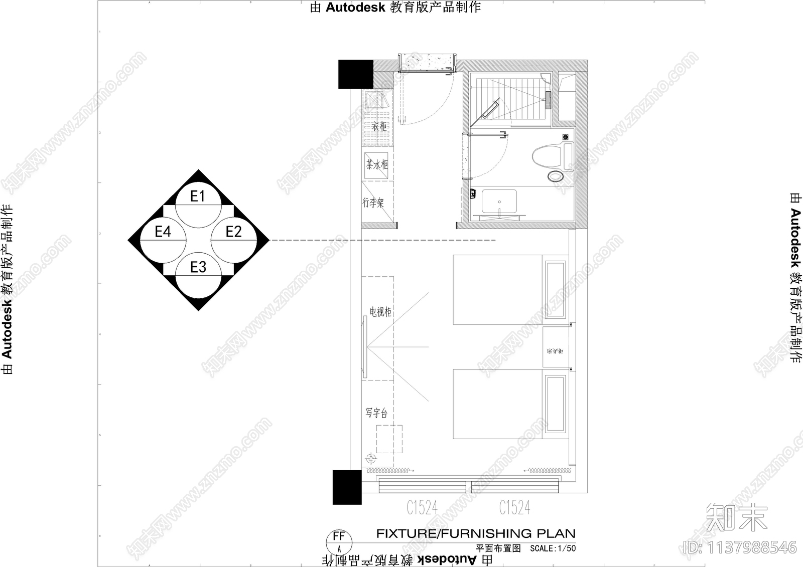 商务酒店双人间客房cad施工图下载【ID:1137988546】