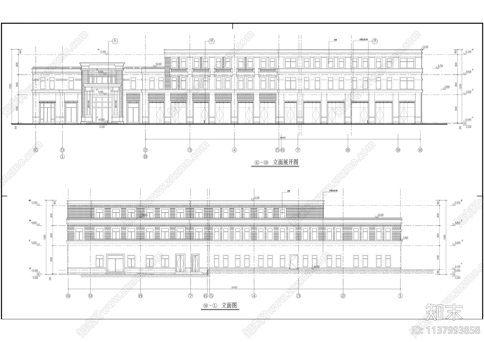 现代住宅小区沿街商业建筑效果图cad施工图下载【ID:1137993858】