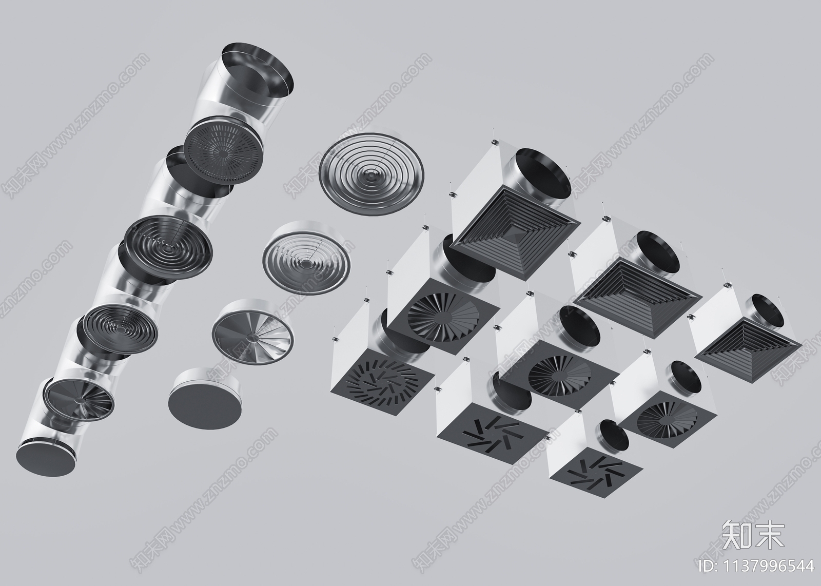 现代厨房不锈钢排风口出风口通风管道组合SU模型下载【ID:1137996544】