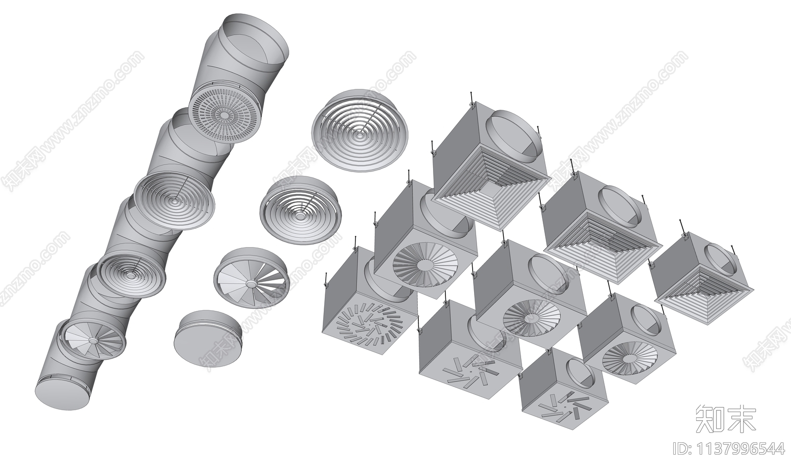 现代厨房不锈钢排风口出风口通风管道组合SU模型下载【ID:1137996544】