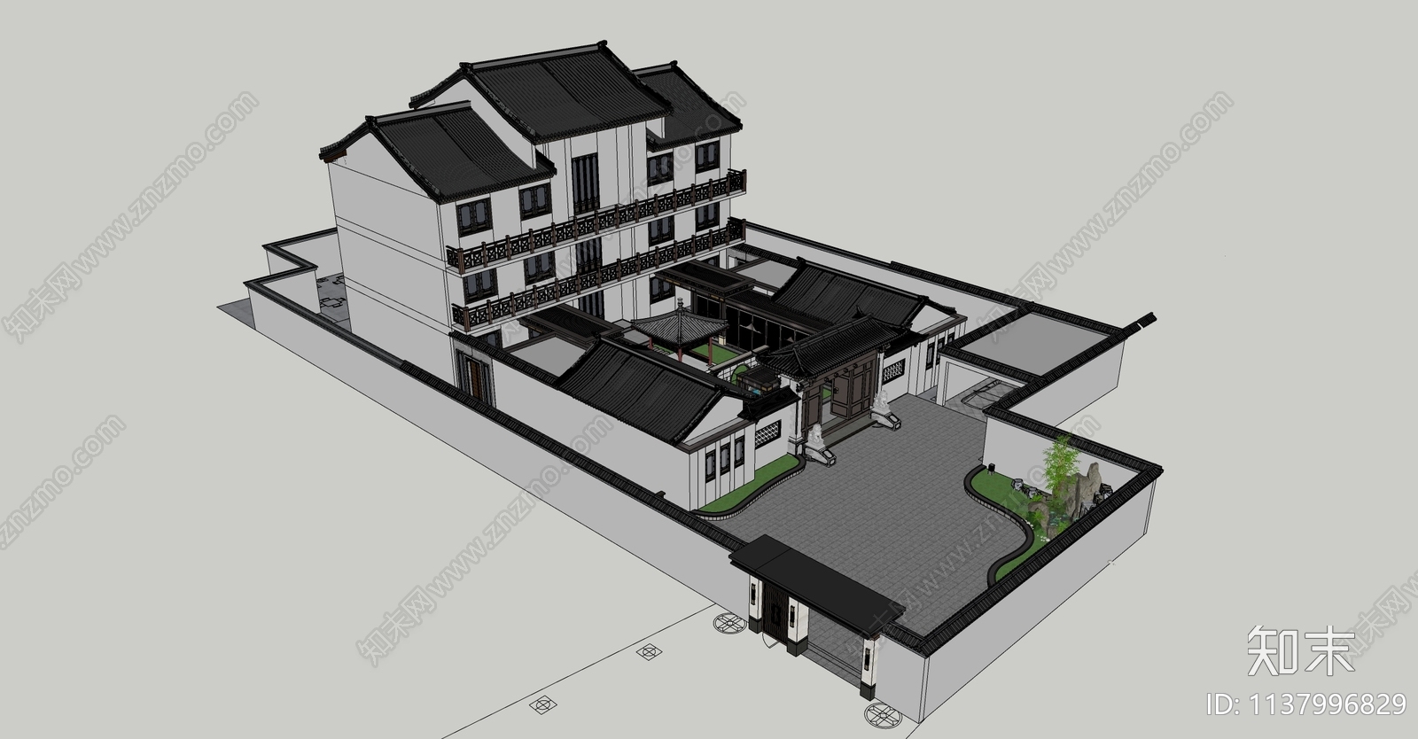 中式庭院别墅庭院乡村庭院SU模型下载【ID:1137996829】