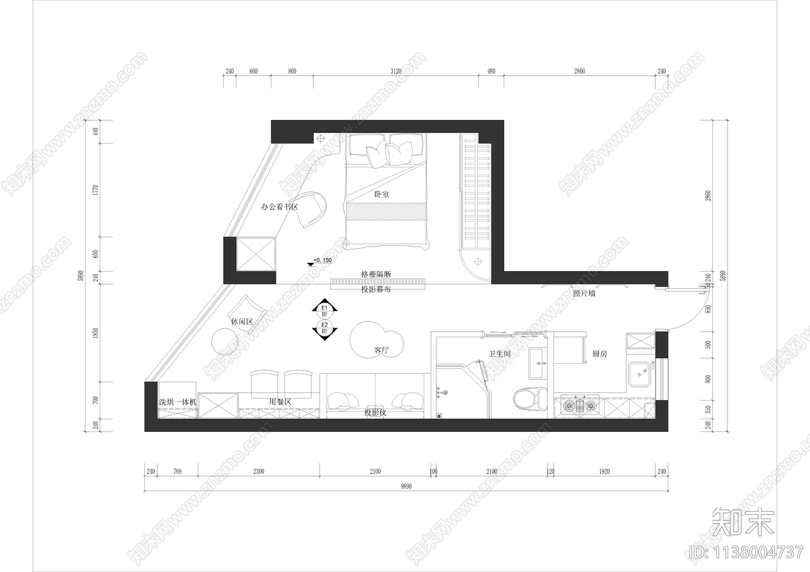 单身公寓cad施工图下载【ID:1138004737】