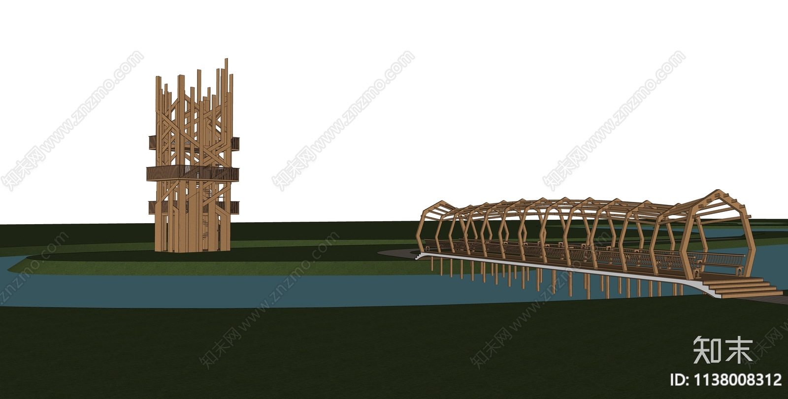 现代湿地光景台廊桥SU模型下载【ID:1138008312】