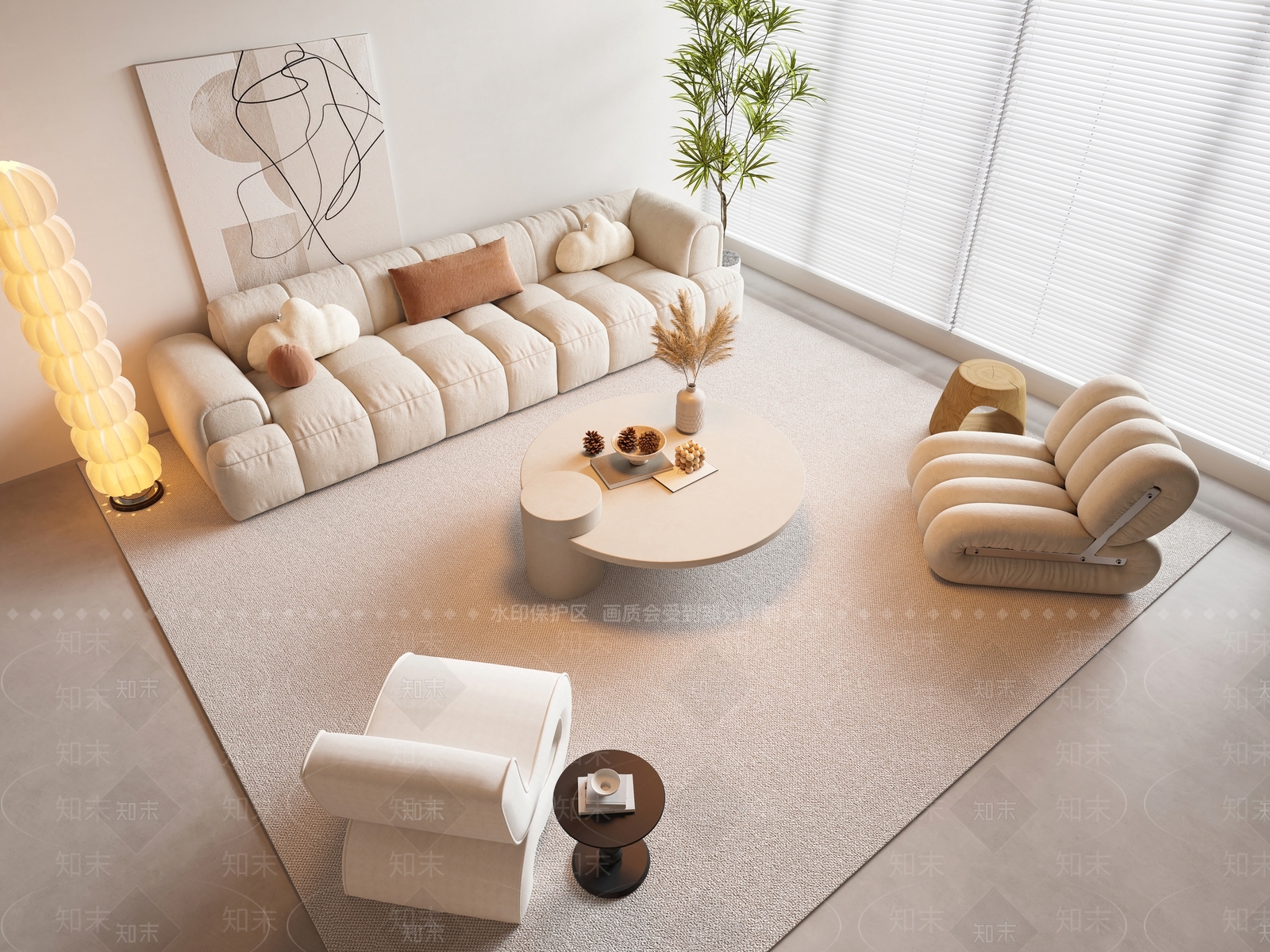 现代奶油风沙发茶几组合3D模型下载【ID:1138017130】