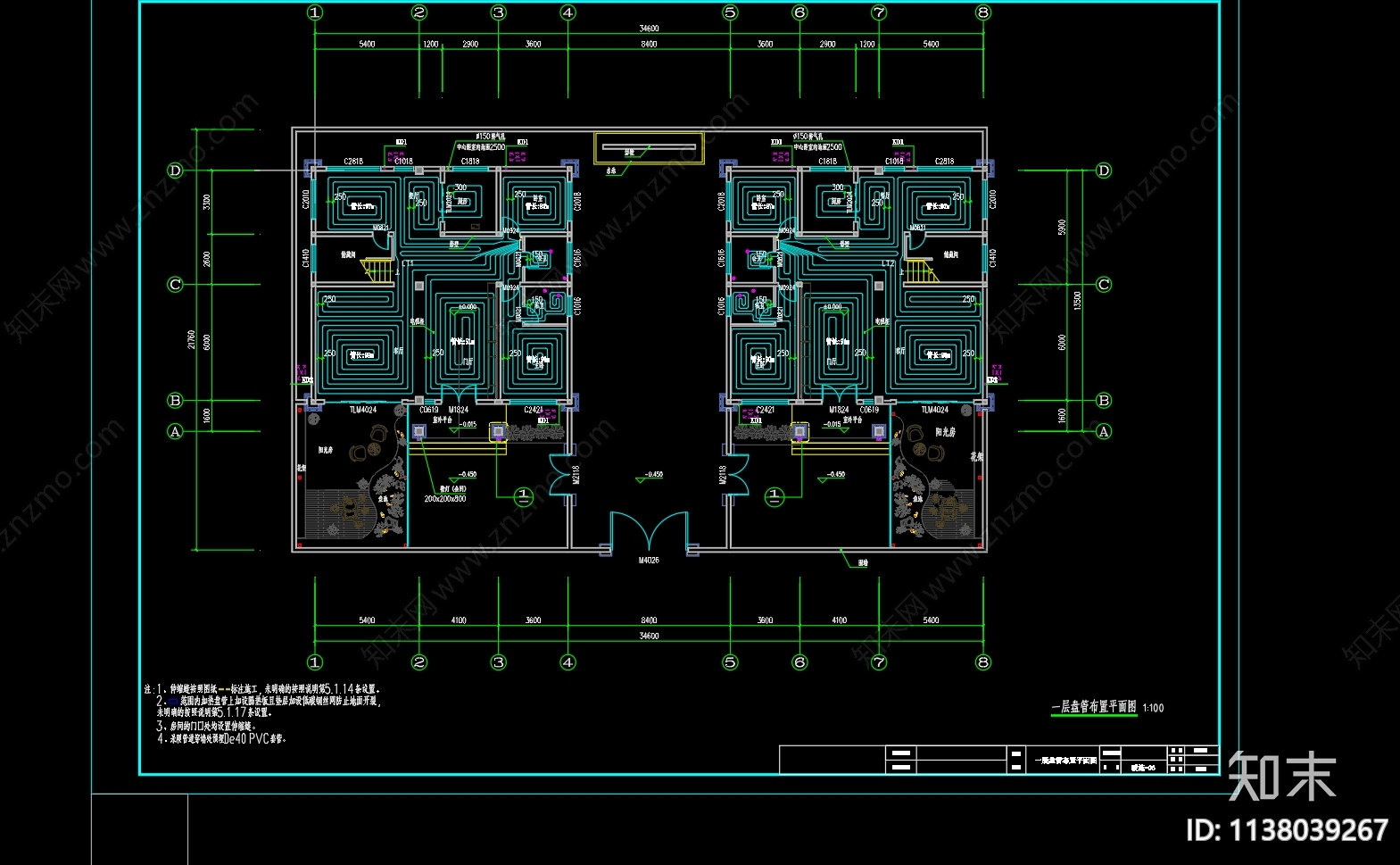 新中式双拼别墅建筑cad施工图下载【ID:1138039267】