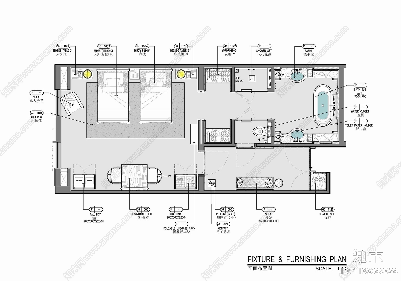 55㎡酒店标准双人间室内cad施工图下载【ID:1138049324】