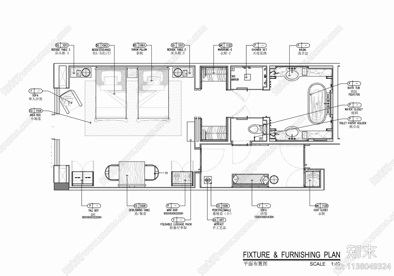 55㎡酒店标准双人间室内cad施工图下载【ID:1138049324】