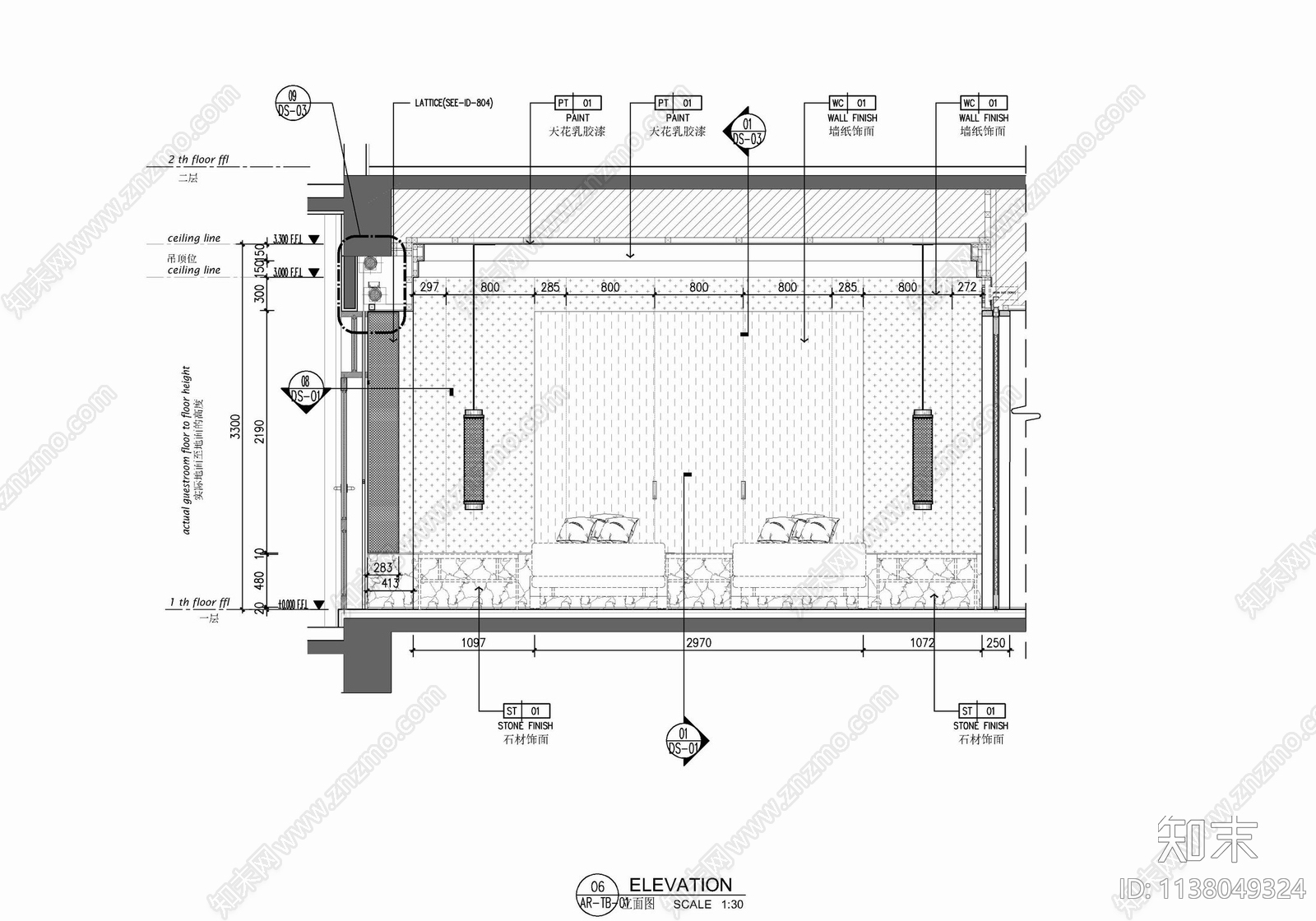 55㎡酒店标准双人间室内cad施工图下载【ID:1138049324】