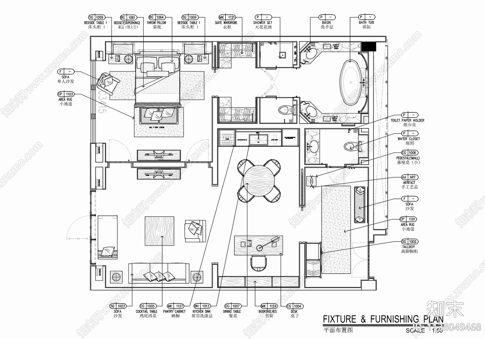 120㎡酒店豪华客房套房室内cad施工图下载【ID:1138049468】