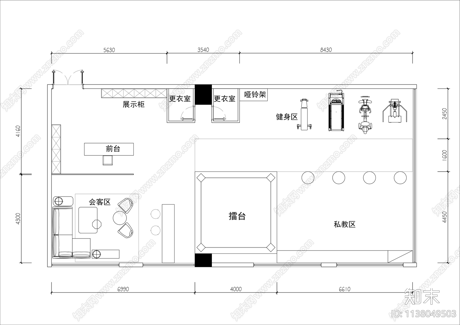 120㎡健身工作室平面图cad施工图下载【ID:1138049503】