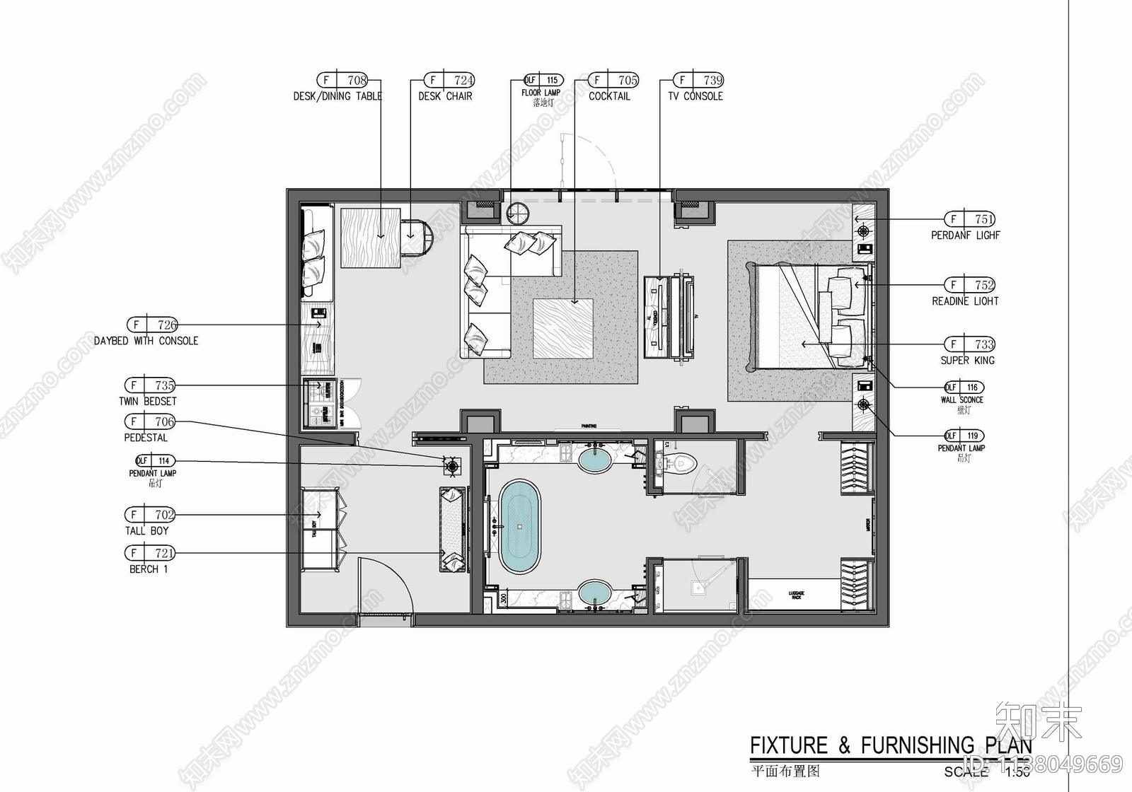 70㎡酒店豪华客房套房室内施工图下载【ID:1138049669】