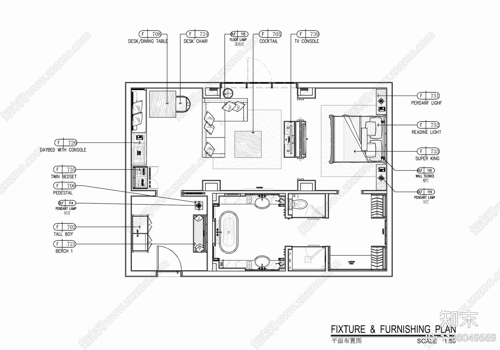 70㎡酒店豪华客房套房室内施工图下载【ID:1138049669】