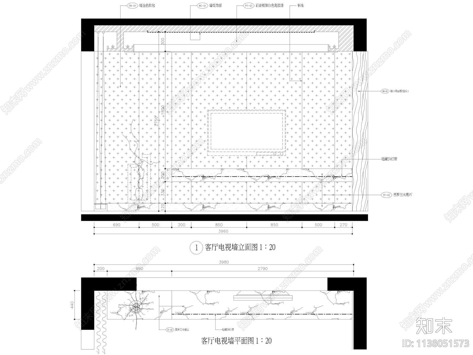 客厅电视墙大样cad施工图下载【ID:1138051573】