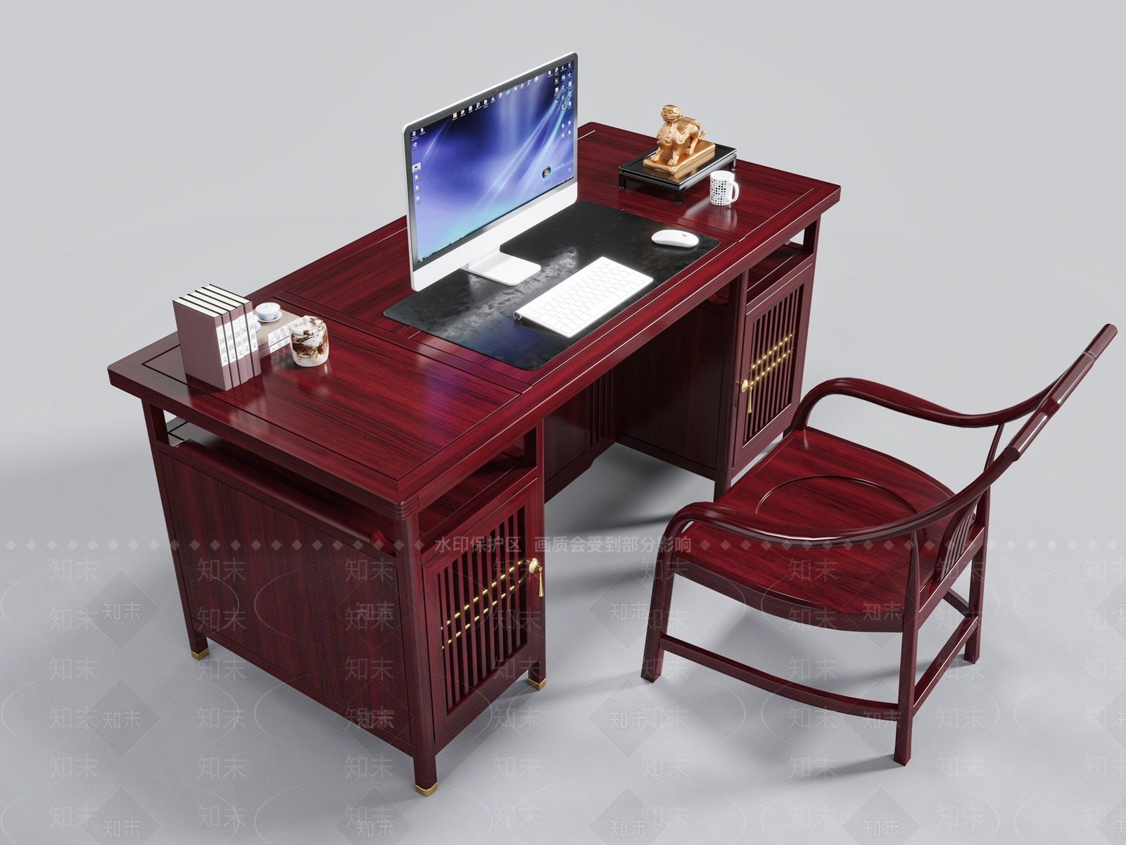 中式办公桌椅组合3D模型下载【ID:1138054570】