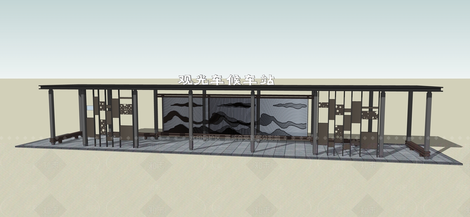 新中式景观候车亭SU模型下载【ID:1138059638】