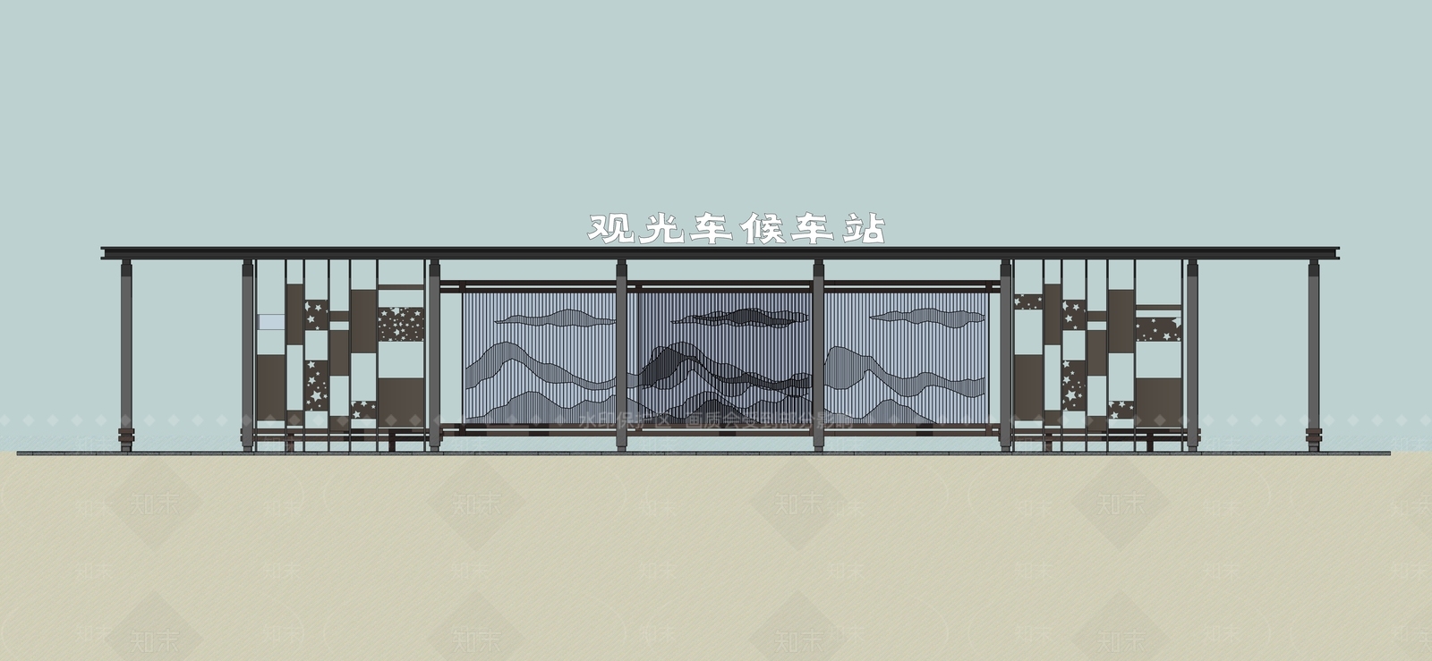 新中式景观候车亭SU模型下载【ID:1138059638】