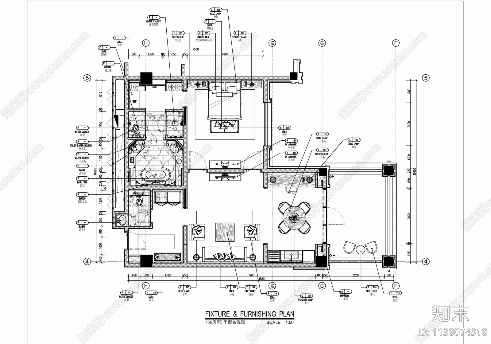 120㎡酒店豪华客房套房室内cad施工图下载【ID:1138074918】