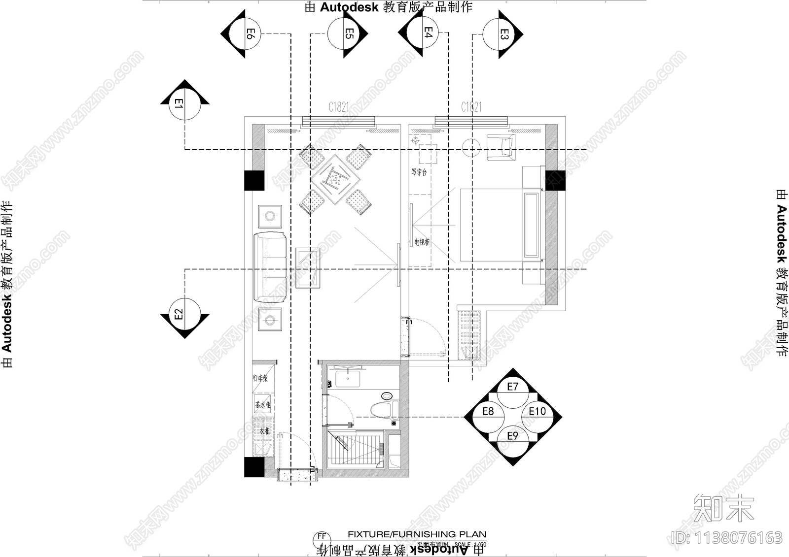 便捷酒店套房客房cad施工图下载【ID:1138076163】