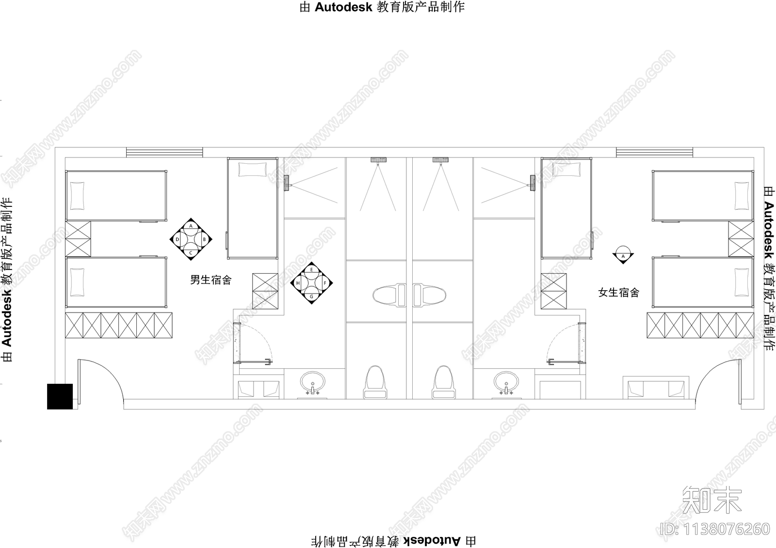 消毒间布草间宿舍cad施工图下载【ID:1138076260】