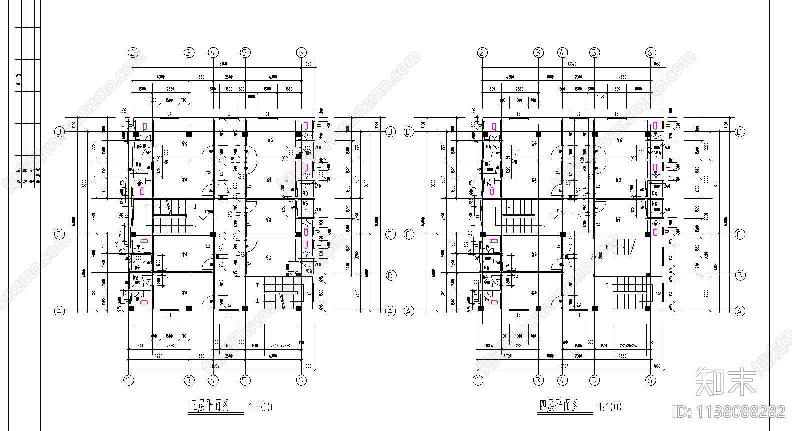 四层宿舍建筑cad施工图下载【ID:1138088282】