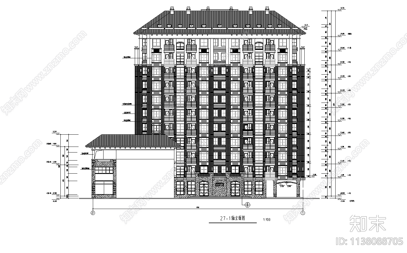 沿街小高层住宅建筑cad施工图下载【ID:1138088705】