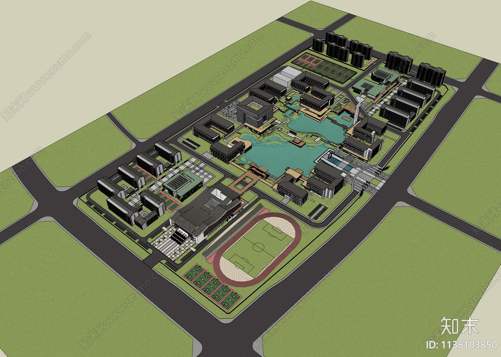 现代湖景大学校园建筑景观规划SU模型下载【ID:1138103850】