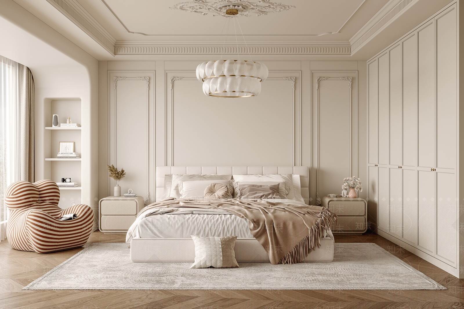法式奶油风家居卧室3D模型下载【ID:1138108681】