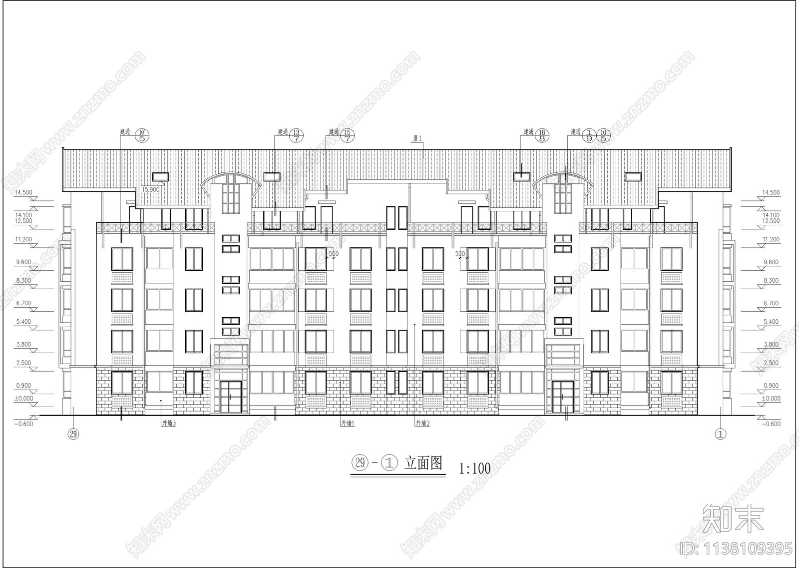 五层坡屋顶住宅楼建筑施工图下载【ID:1138109395】