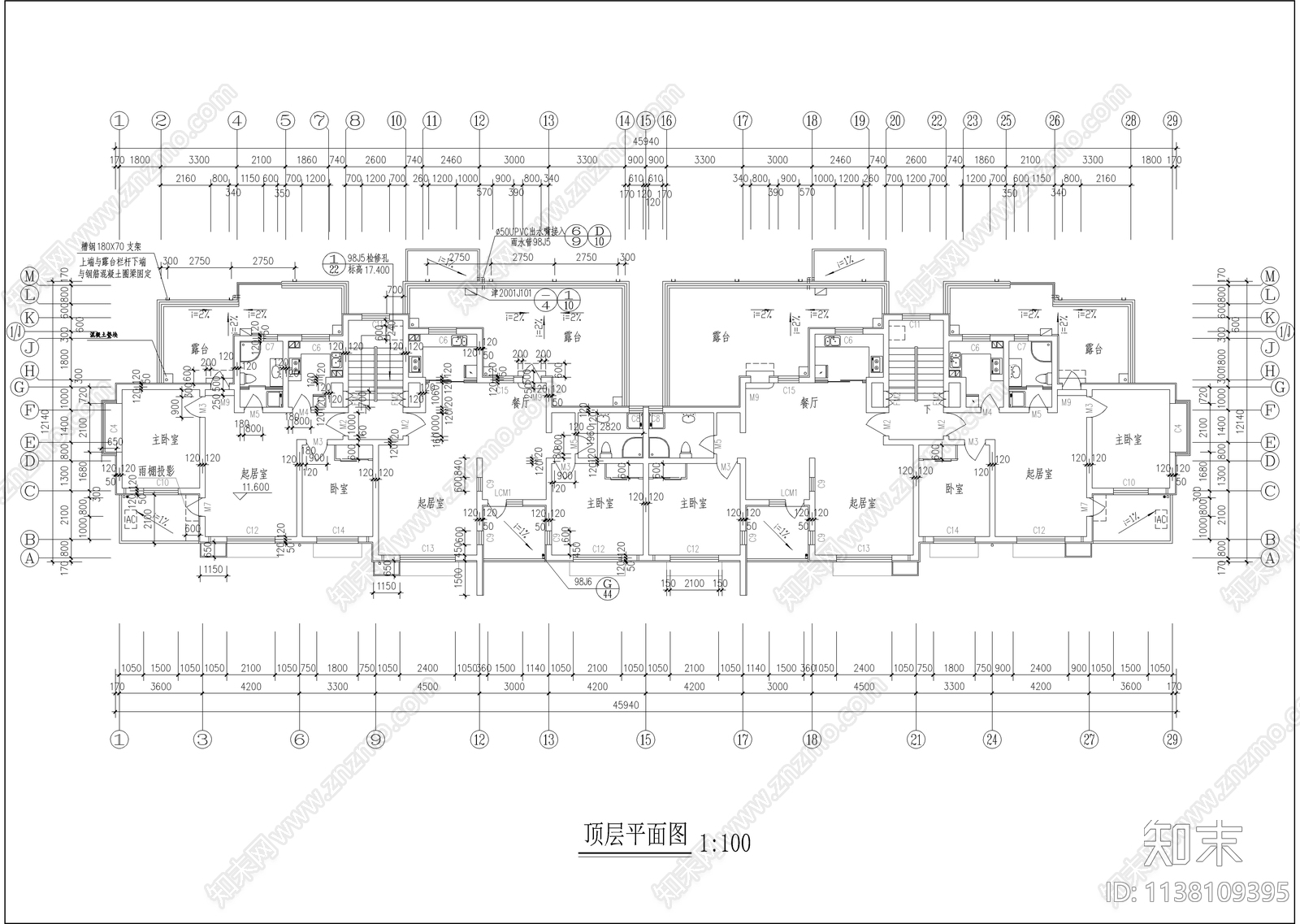 五层坡屋顶住宅楼建筑施工图下载【ID:1138109395】