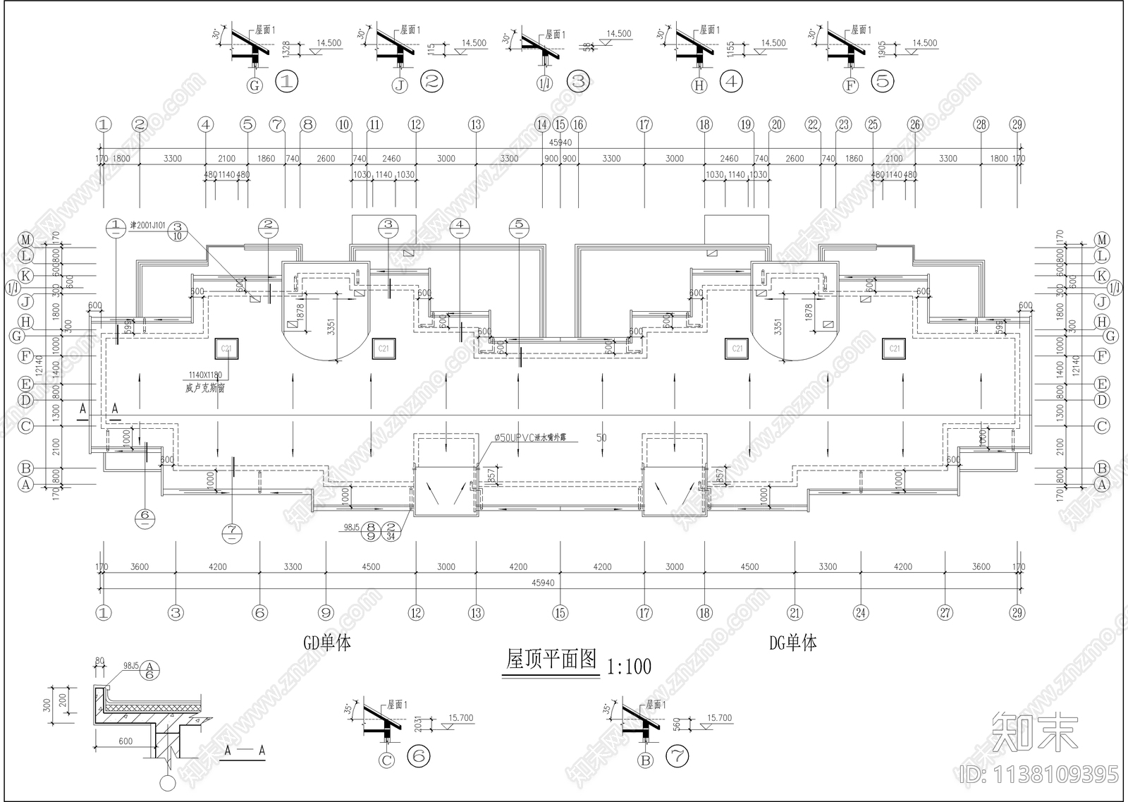 五层坡屋顶住宅楼建筑施工图下载【ID:1138109395】