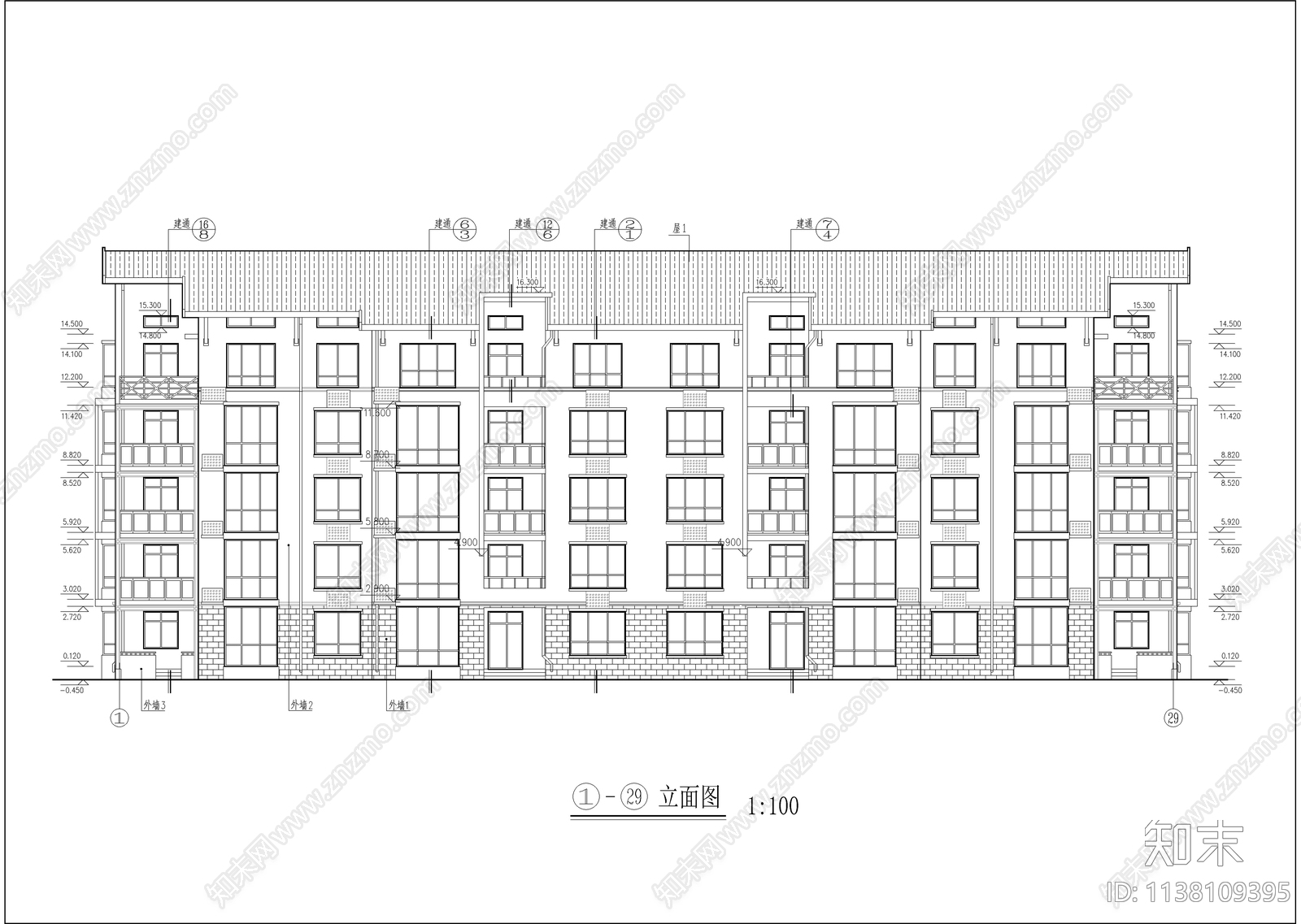 五层坡屋顶住宅楼建筑施工图下载【ID:1138109395】