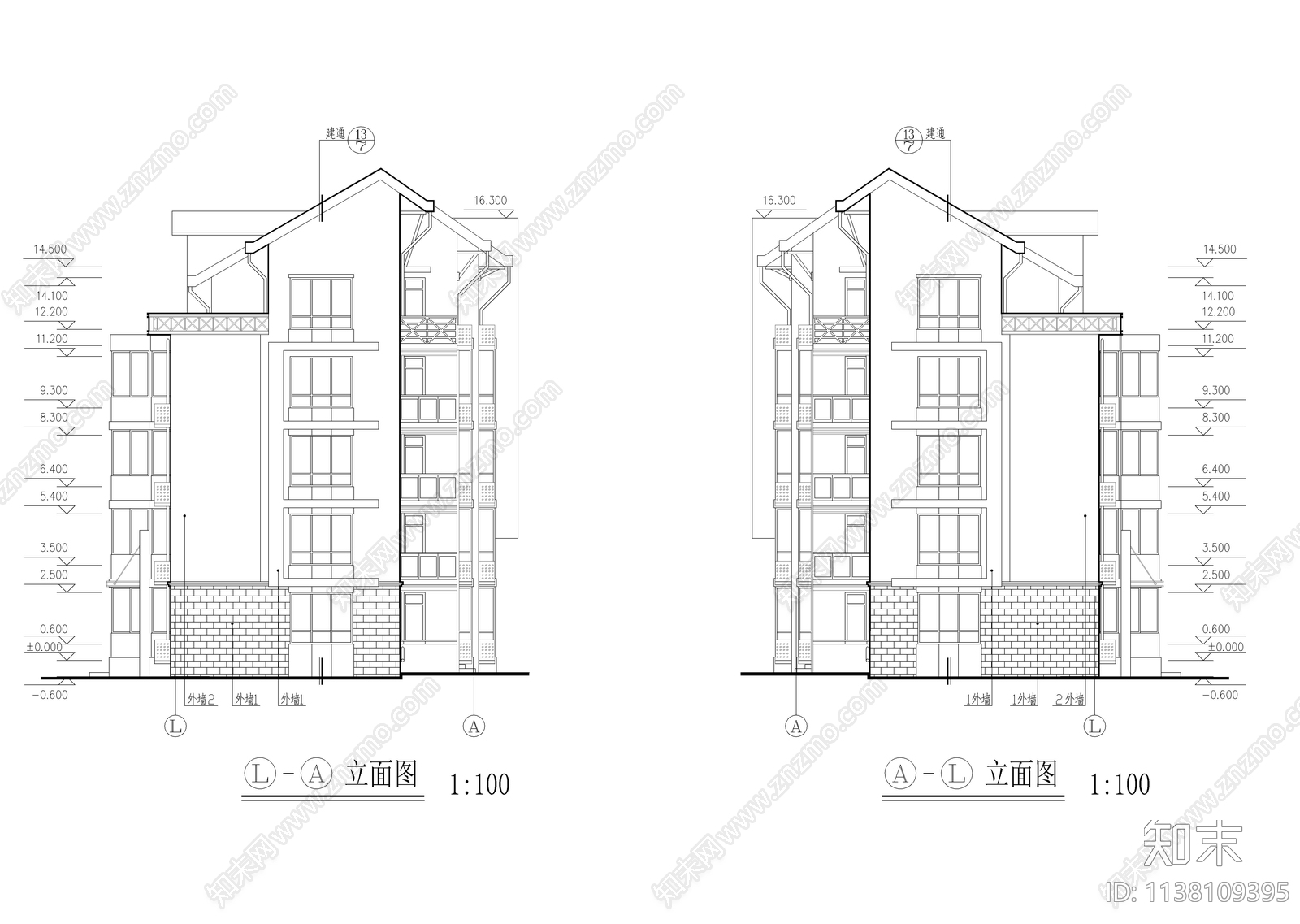 五层坡屋顶住宅楼建筑施工图下载【ID:1138109395】