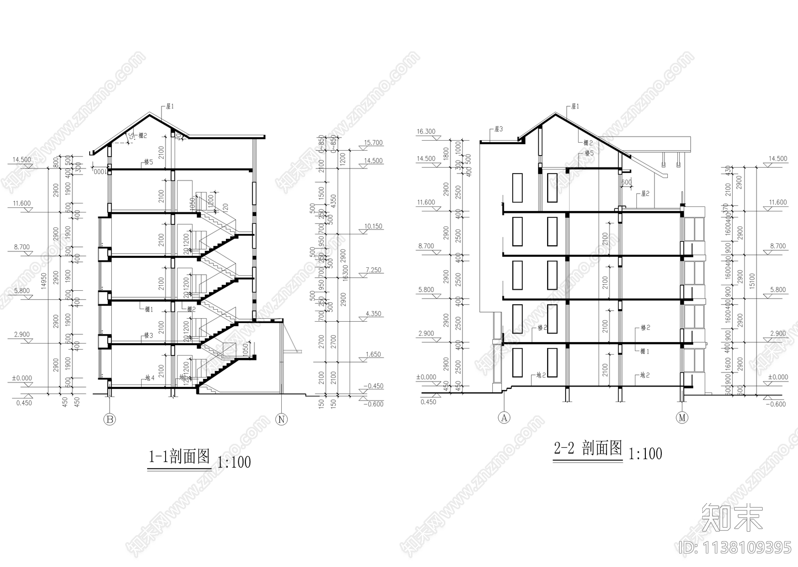 五层坡屋顶住宅楼建筑施工图下载【ID:1138109395】