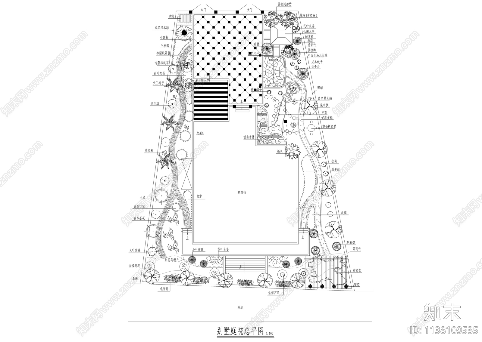 别墅庭院景观总平图cad施工图下载【ID:1138109535】