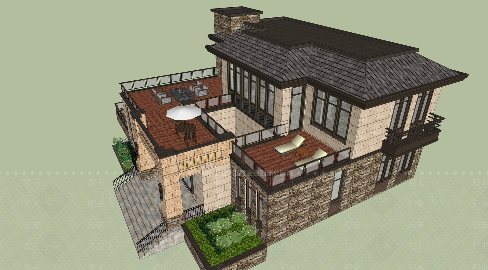 现代坡屋顶农村别墅SU模型下载【ID:1138114096】