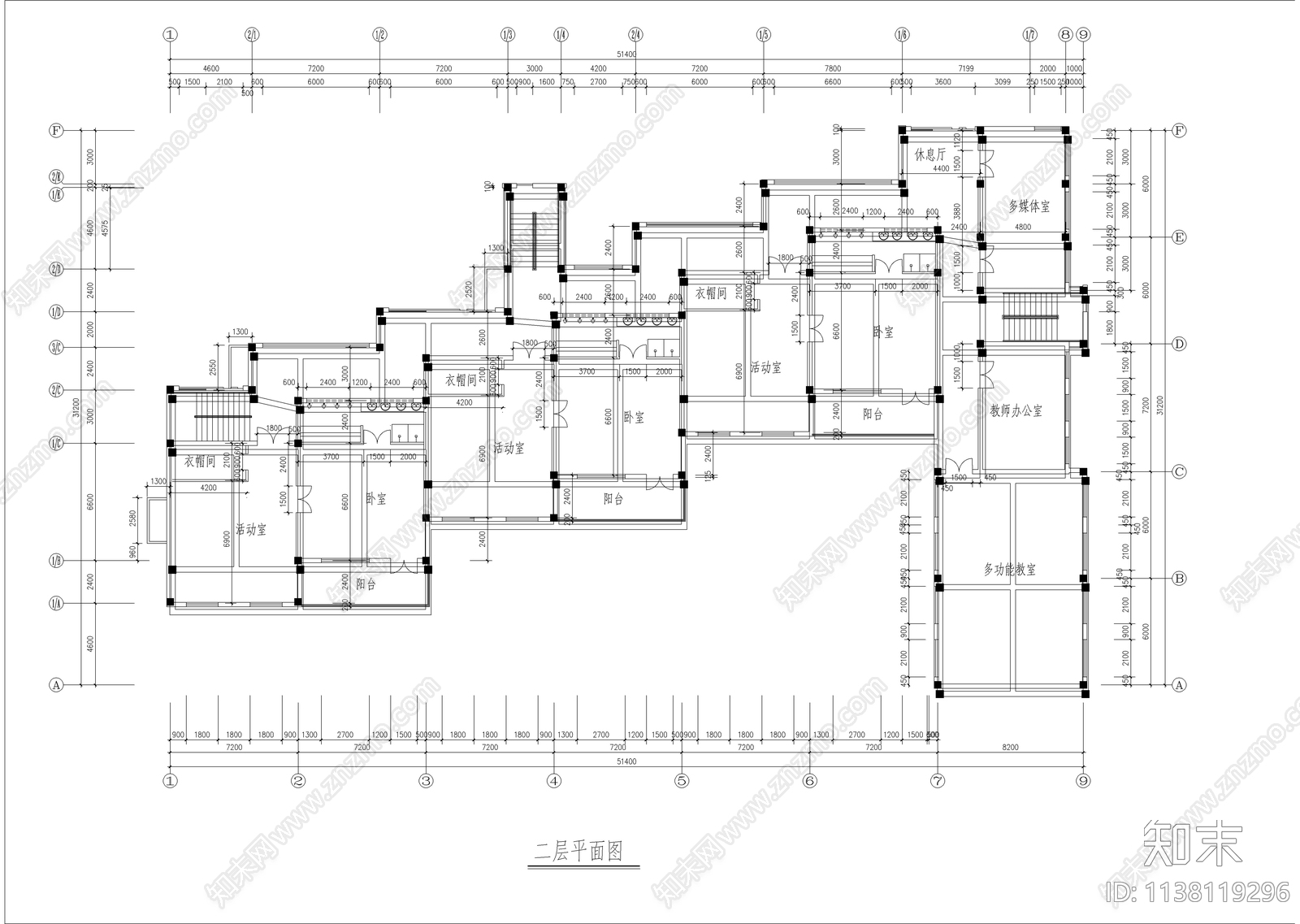 三层现代风格幼儿园建筑cad施工图下载【ID:1138119296】