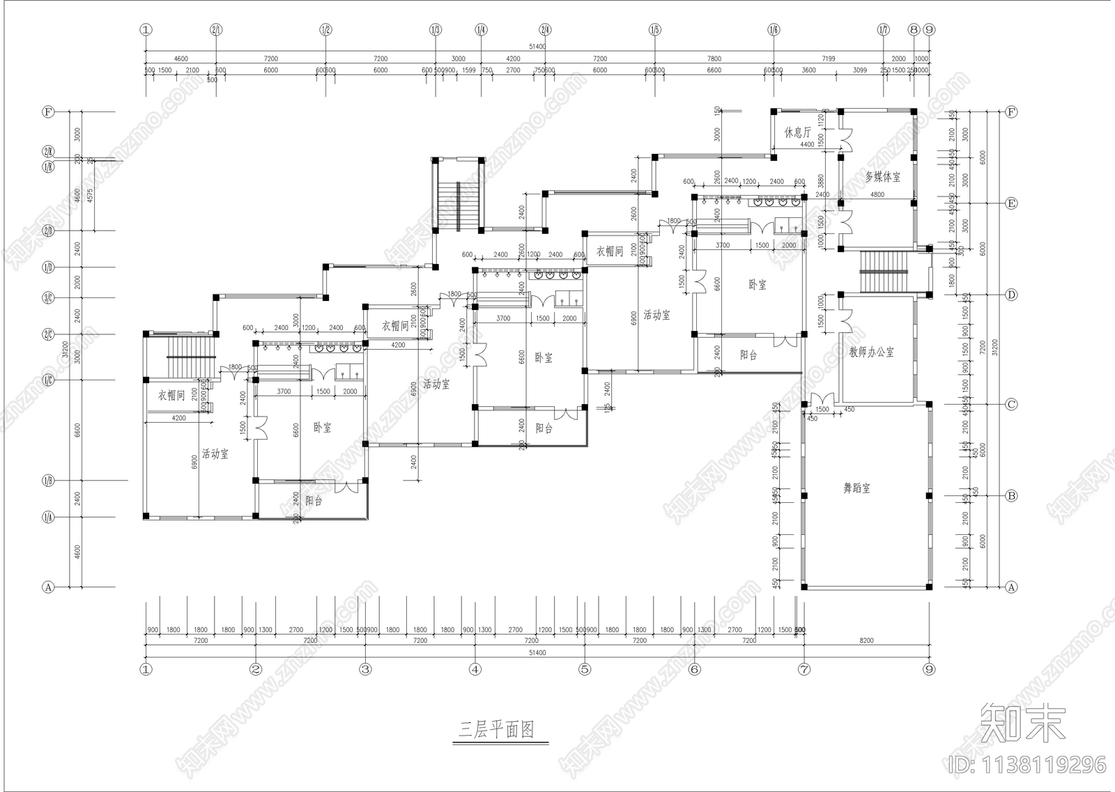 三层现代风格幼儿园建筑cad施工图下载【ID:1138119296】