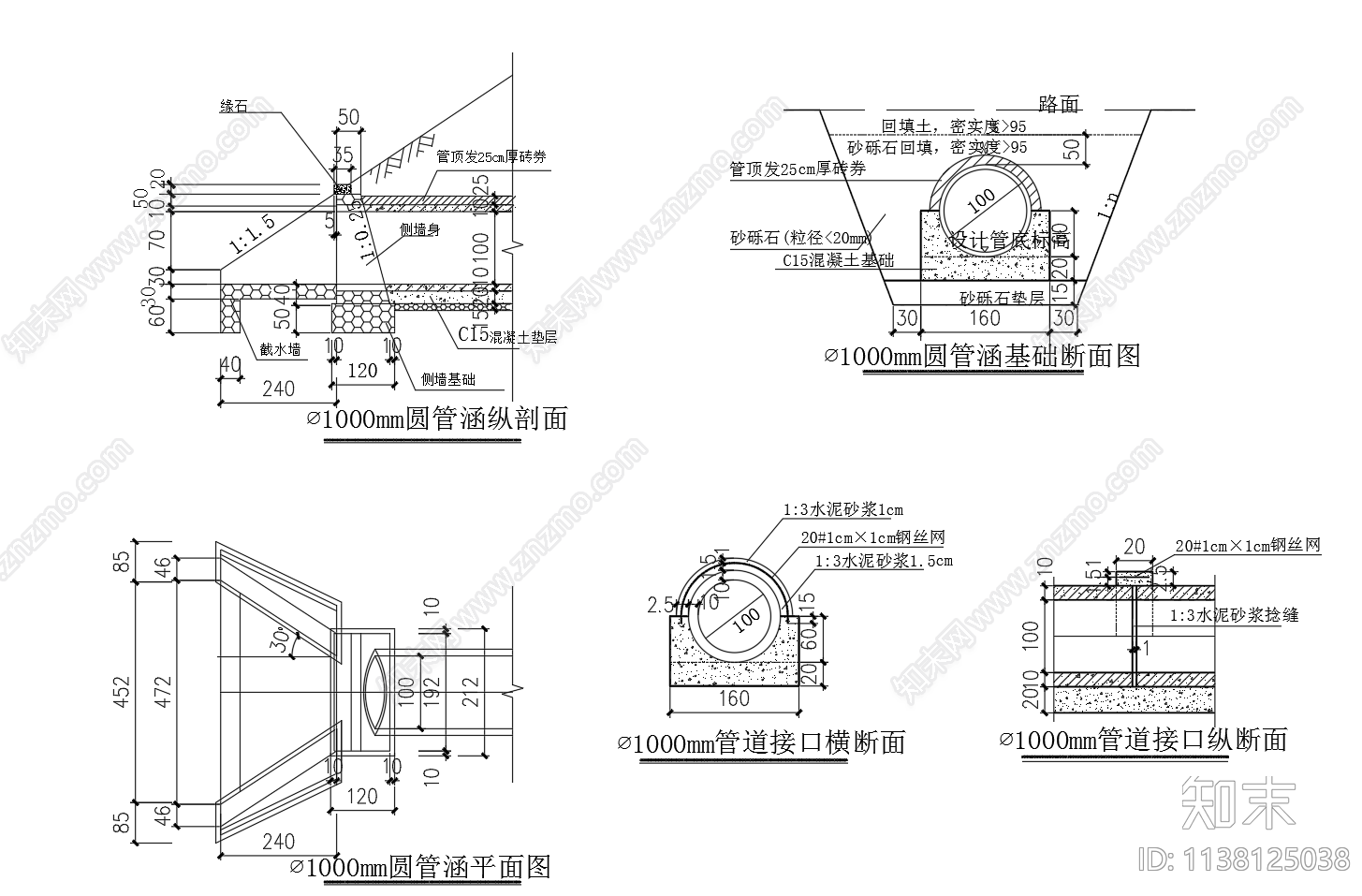 DN1000圆管涵平面与纵剖面cad施工图下载【ID:1138125038】